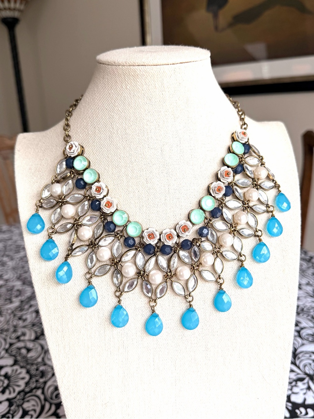 Multicolor Floral Statement Bib Necklace Turquoise Pearl Crystal